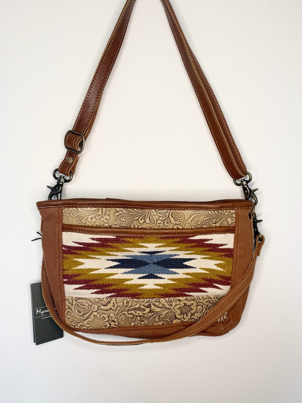 Myra Bag Western Brown Leather and Rug Crossbody Bag with Aztec Pattern